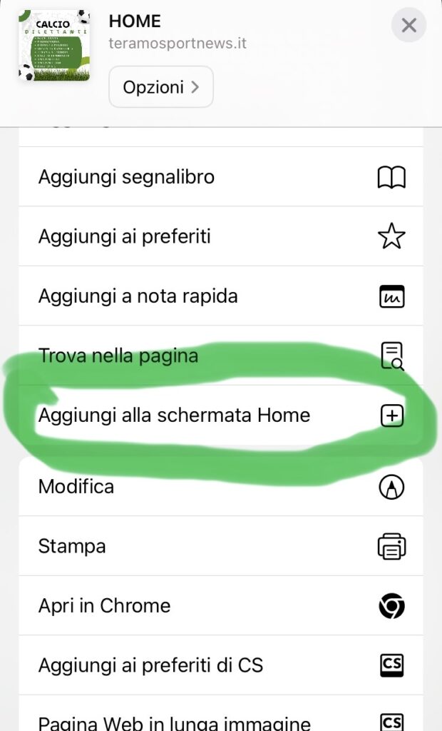 aggiungi a schermata home